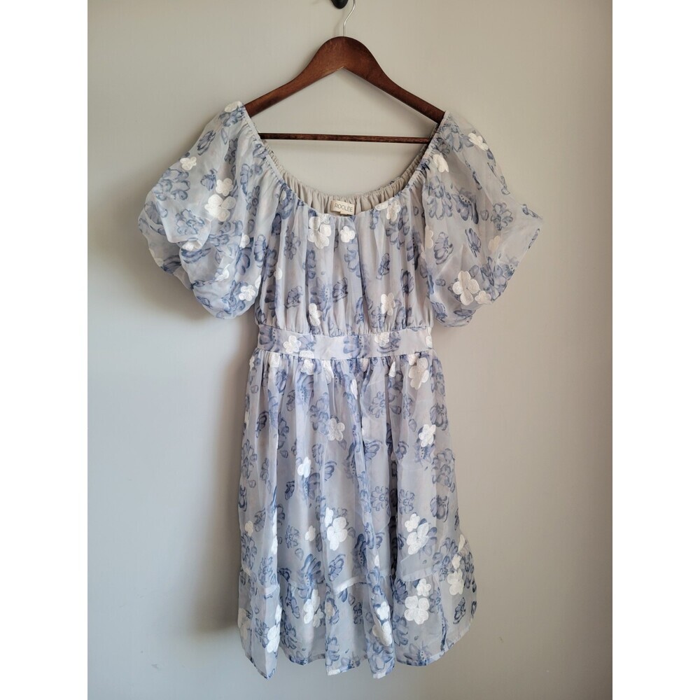 Roolee Romantic Floral Babydoll Mini Dress Blue Puff Sleeve Cottage XS